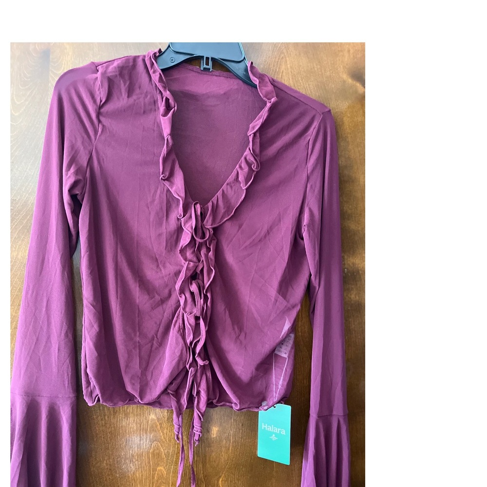 HALARA Plum Ruffle Front Long Sleeve Blouse